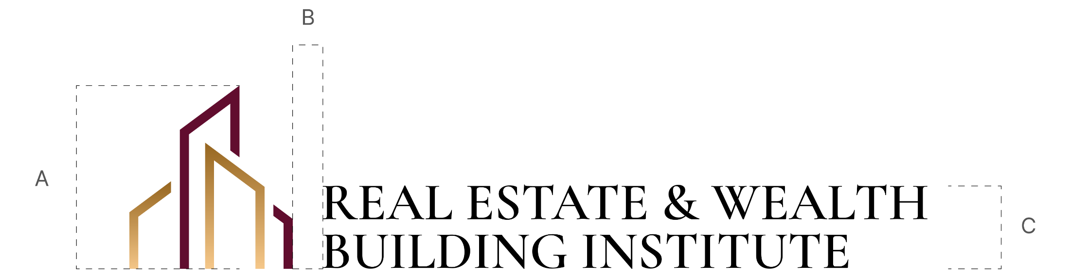Official proportions diagram: icon height (A), spacing between icon and wordmark (B), and wordmark height (C)